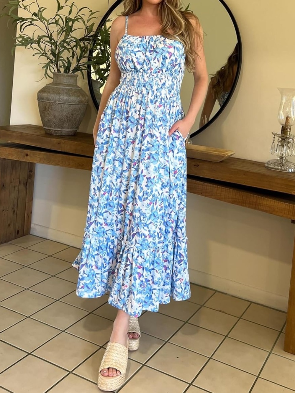 Grace Karin Blue Floral Maxi Dress with Smocked Bodice